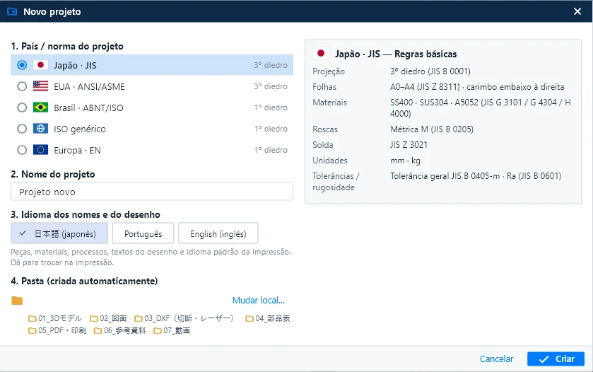 KoCAD New project window: country/standard, basic rules, name, language and auto-created folder